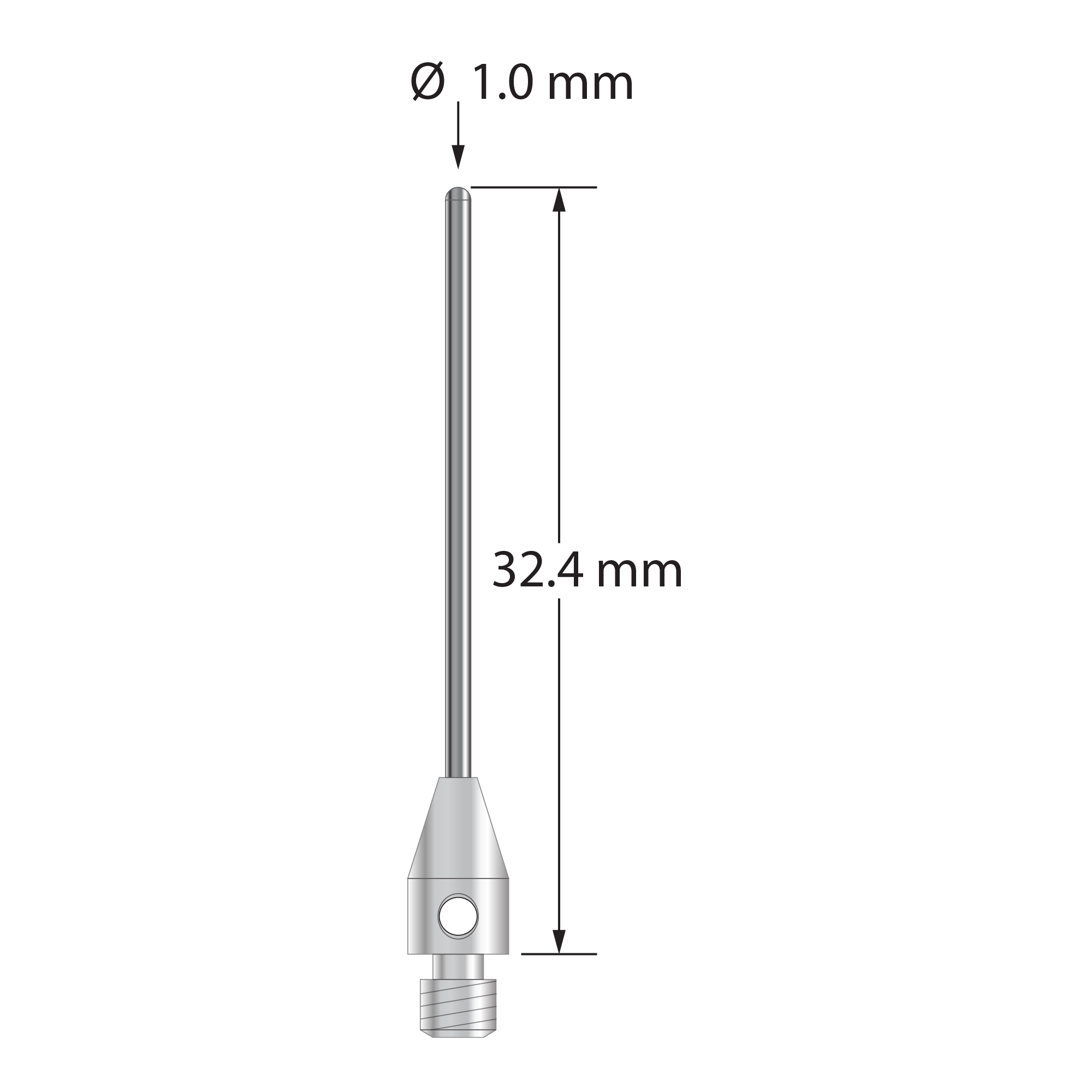 M3 cylinder stylus with 1.0 mm diameter carbide cylinder and 4.0 mm diameter x 7.0 mm long stainless steel base. Overall stylus length is 32.4 mm. Working length is 25.4 mm (1.00"). Stylus weight is 0.80 gram.