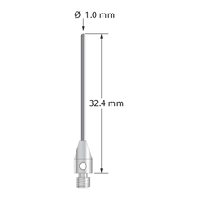 M3 cylinder stylus with 1.0 mm diameter carbide cylinder and 4.0 mm diameter x 7.0 mm long stainless steel base. Overall stylus length is 32.4 mm. Working length is 25.4 mm (1.00"). Stylus weight is 0.80 gram.