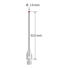 M3 stylus with 1.0 mm diameter ruby ball, 0.8 mm diameter carbide stem, and 4.0 mm diameter x 7.0 mm long stainless steel base. Stylus length to ball center is 32.0 mm. Stylus weight is 0.86 gram. Compare to Mitutoyo K651330.