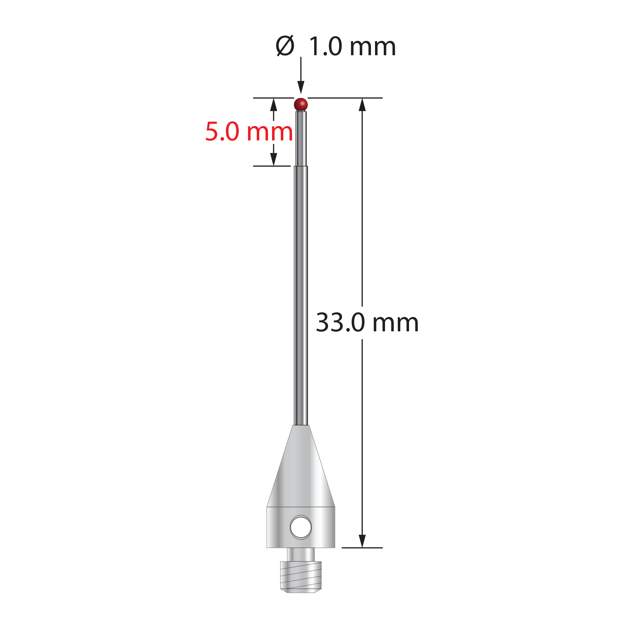 M3 XXT stylus with 1.0 mm diameter ruby ball, stepped carbide stem, and 5.0 mm diameter x 9.0 mm long titanium base. Minor stem diameter is 0.8 mm; major diameter is 1.0 mm. Overall stylus length is 33.0 mm. Stylus weight is 0.79 gram. Compare to Zeiss 626103-0044-033.