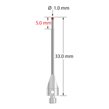 M3 XXT stylus with 1.0 mm diameter ruby ball, stepped carbide stem, and 5.0 mm diameter x 9.0 mm long titanium base. Minor stem diameter is 0.8 mm; major diameter is 1.0 mm. Overall stylus length is 33.0 mm. Stylus weight is 0.79 gram. Compare to Zeiss 626103-0044-033.