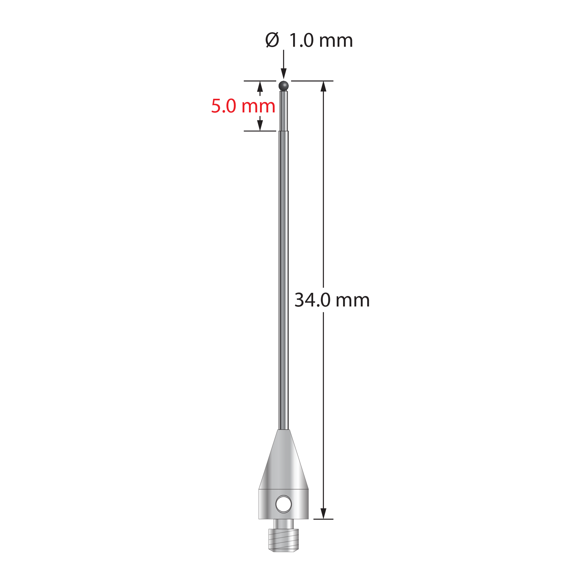 TM3-1034-TX-SN M3 1.0mm silicon nitride ball stylus with stepped carbide stem and titanium base by Q-Mark Manufacturing, Inc.