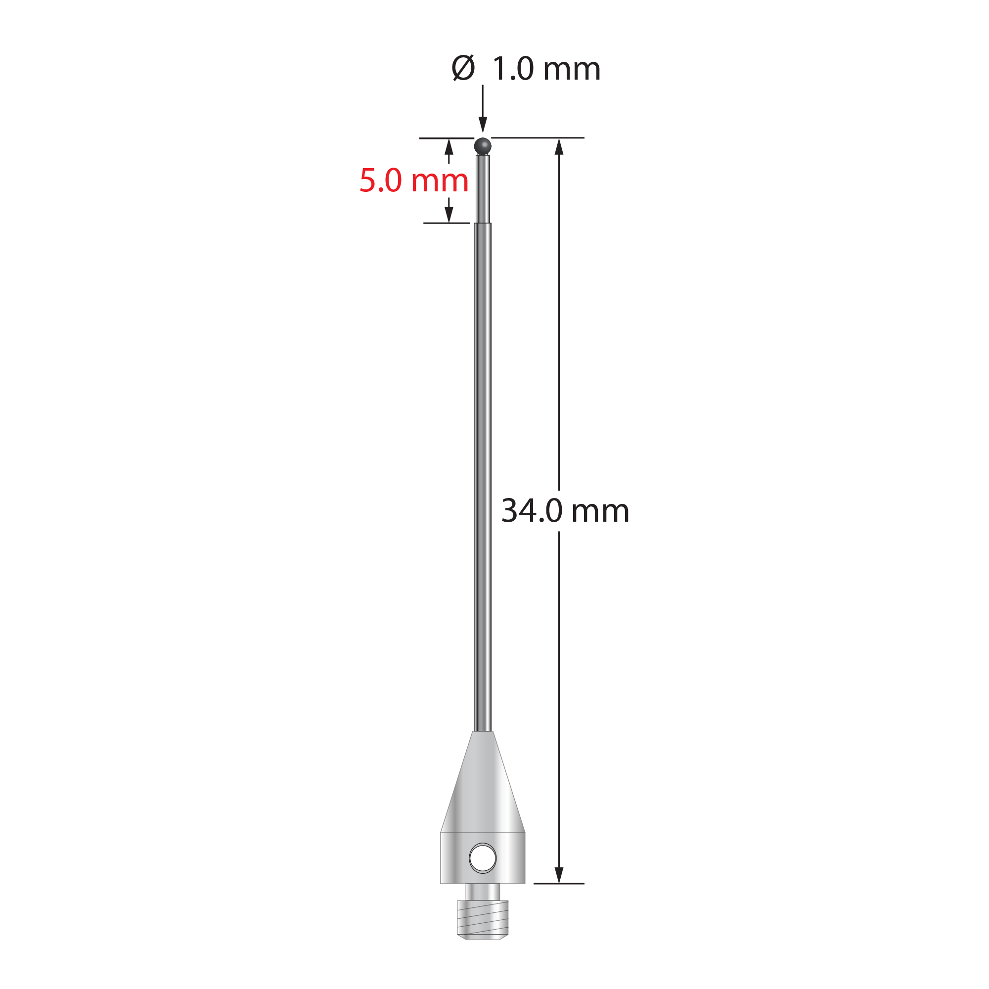 M3 XXT stylus with 1.0 mm diameter silicon nitride ball, stepped carbide stem, and 5.0 mm diameter x 9.0 mm long titanium base. Minor stem diameter is 0.8 mm; major diameter is 1.0 mm. Overall stylus length is 34.0 mm. Stylus weight is 0.81 gram. Compare to Zeiss 626103-0045-034.