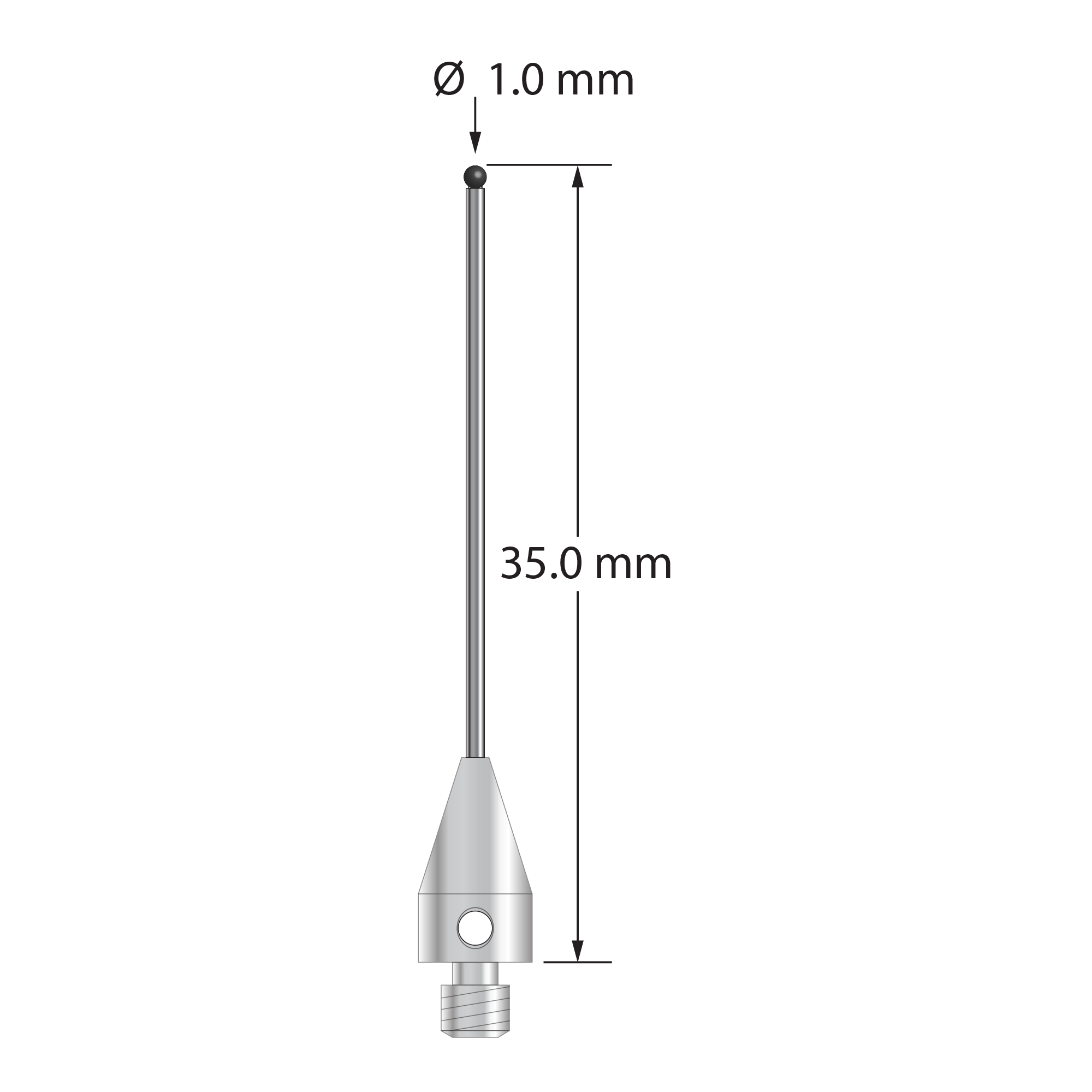 M3 XXT stylus with 1.0 mm diameter silicon nitride ball, 0.8 mm diameter carbide stem, and 5.0 mm diameter x 9.0 mm long titanium base. Overall stylus length is 35.0 mm. Stylus weight is 0.82 gram.
