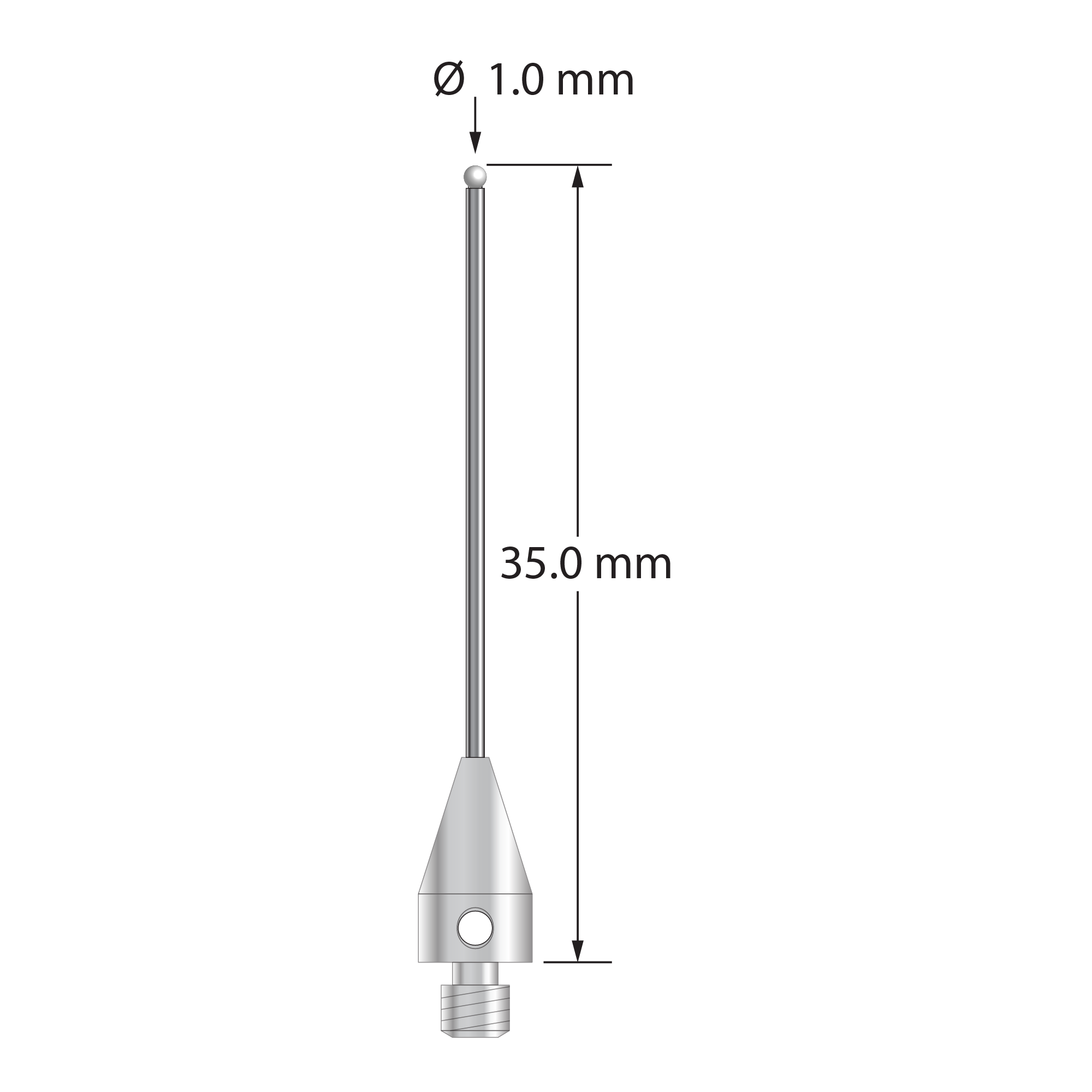 M3 XXT stylus with 1.0 mm diameter zirconia ball, 0.8 mm diameter carbide stem, and 5.0 mm diameter x 9.0 mm long titanium base. Overall stylus length is 35.0 mm. Stylus weight is 0.82 gram.