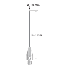 M3 XXT stylus with 1.0 mm diameter zirconia ball, 0.8 mm diameter carbide stem, and 5.0 mm diameter x 9.0 mm long titanium base. Overall stylus length is 35.0 mm. Stylus weight is 0.82 gram.