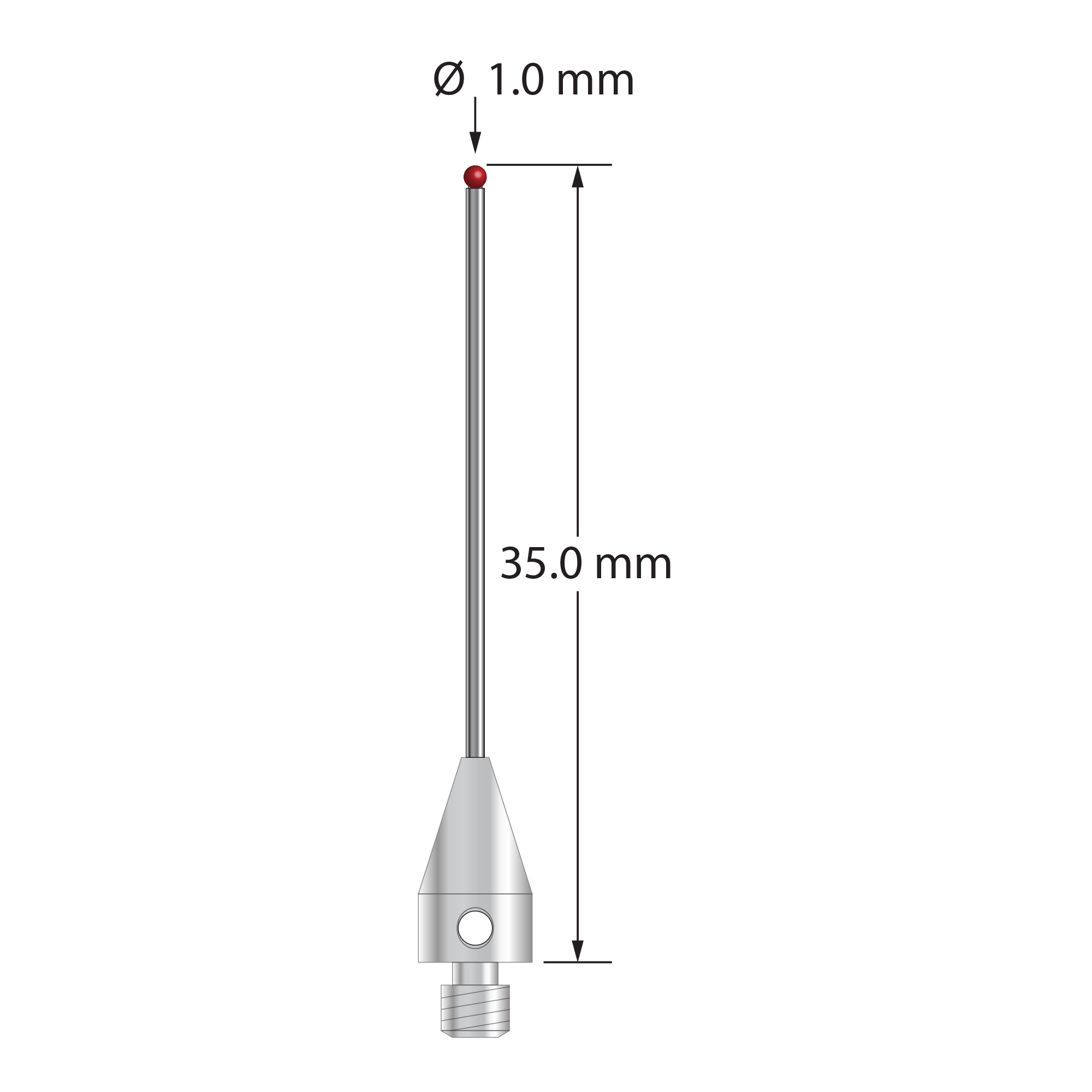 M3 XXT stylus with 1.0 mm diameter ruby ball, 0.8 mm diameter carbide stem, and 5.0 mm diameter x 9.0 mm long titanium base. Overall stylus length is 35.0 mm. Stylus weight is 0.82 gram.