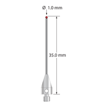 M3 XXT stylus with 1.0 mm diameter ruby ball, 0.8 mm diameter carbide stem, and 5.0 mm diameter x 9.0 mm long titanium base. Overall stylus length is 35.0 mm. Stylus weight is 0.82 gram.