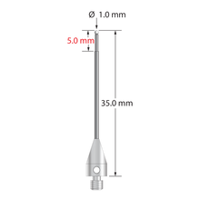 M3 XXT stylus with 1.0 mm diameter zirconia ball, stepped carbide stem, and 5.0 mm diameter x 9.0 mm long titanium base. Minor stem diameter is 0.8 mm; major diameter is 1.0 mm. Overall stylus length is 35.0 mm. Stylus weight is 0.82 gram.