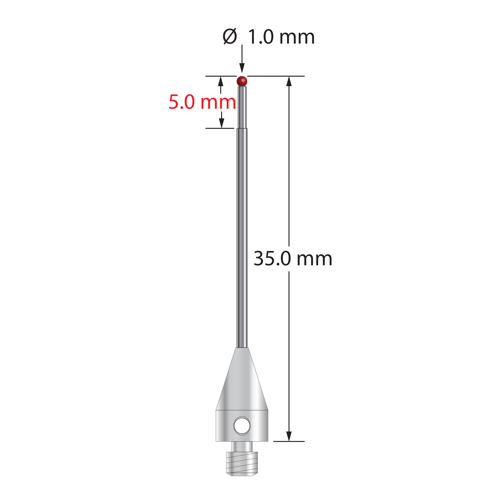 M3 XXT stylus with 1.0 mm diameter ruby ball, stepped carbide stem, and 5.0 mm diameter x 9.0 mm long titanium base. Minor stem diameter is 0.8 mm; major diameter is 1.0 mm. Overall stylus length is 35.0 mm. Stylus weight is 0.82 gram. Compare to Zeiss 626113-0100-035.