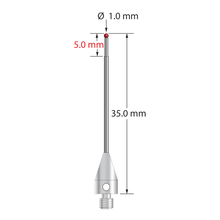 M3 XXT stylus with 1.0 mm diameter ruby ball, stepped carbide stem, and 5.0 mm diameter x 9.0 mm long titanium base. Minor stem diameter is 0.8 mm; major diameter is 1.0 mm. Overall stylus length is 35.0 mm. Stylus weight is 0.82 gram. Compare to Zeiss 626113-0100-035.
