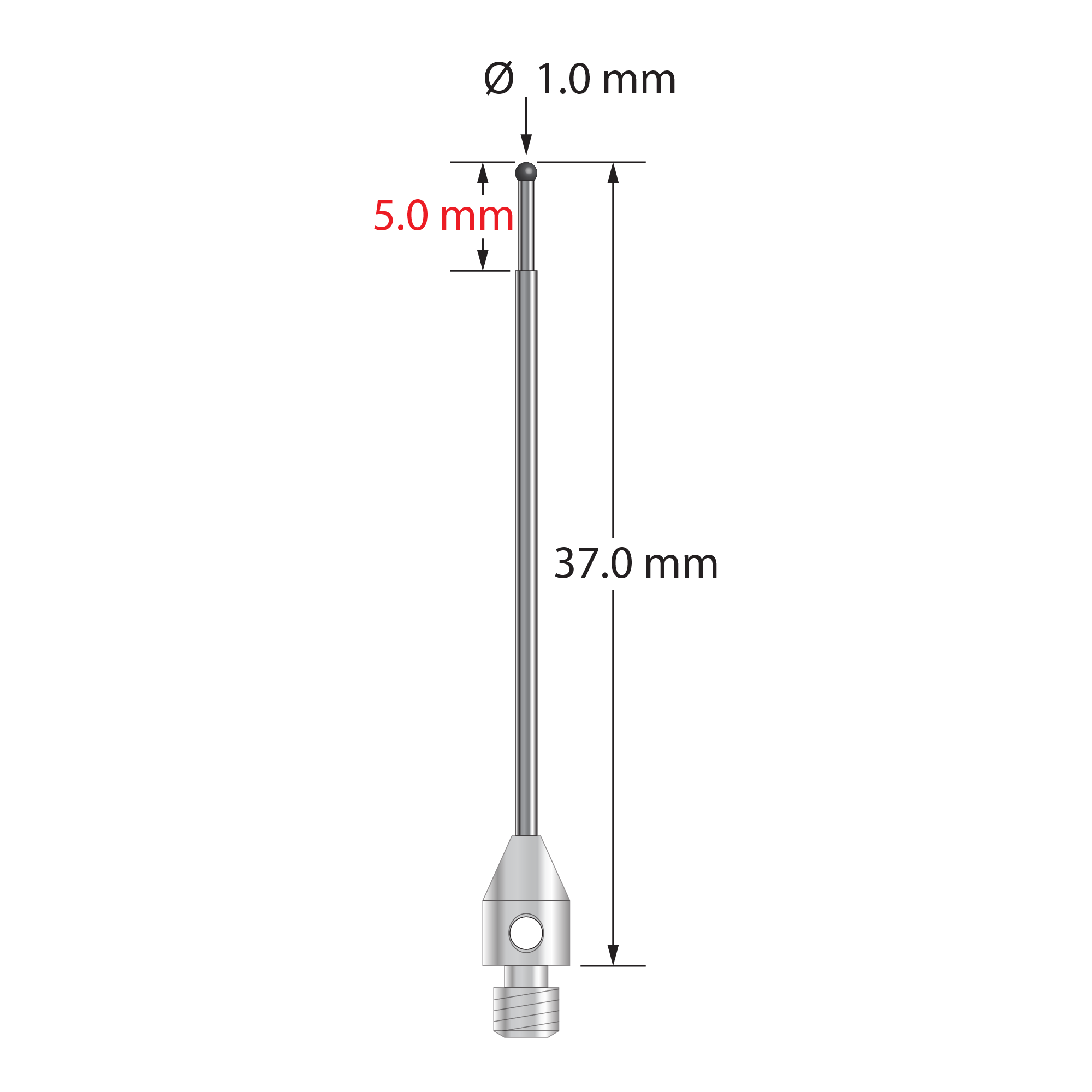 M3 stylus with 1.0 mm diameter silicon nitride ball, carbide stem, and 4.0 mm diameter by 6.0 mm long stainless steel base. Minor stem diameter is 0.8 mm; major stem diameter is 1.0 mm. Overall stylus length is 37.0 mm. Stylus weight is 0.80 gram. Compare to Zeiss 626123-0045-037.