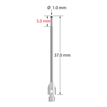 M3 stylus with 1.0 mm diameter silicon nitride ball, carbide stem, and 4.0 mm diameter by 6.0 mm long stainless steel base. Minor stem diameter is 0.8 mm; major stem diameter is 1.0 mm. Overall stylus length is 37.0 mm. Stylus weight is 0.80 gram. Compare to Zeiss 626123-0045-037.