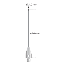 M3 XXT stylus with 1.0 mm diameter silicon nitride ball, 0.8 mm diameter carbide stem, and 5.0 mm diameter x 9.0 mm long titanium base. Overall stylus length is 40.0 mm. Stylus weight is 0.88 gram. Compare to Zeiss 626113-0107-040.