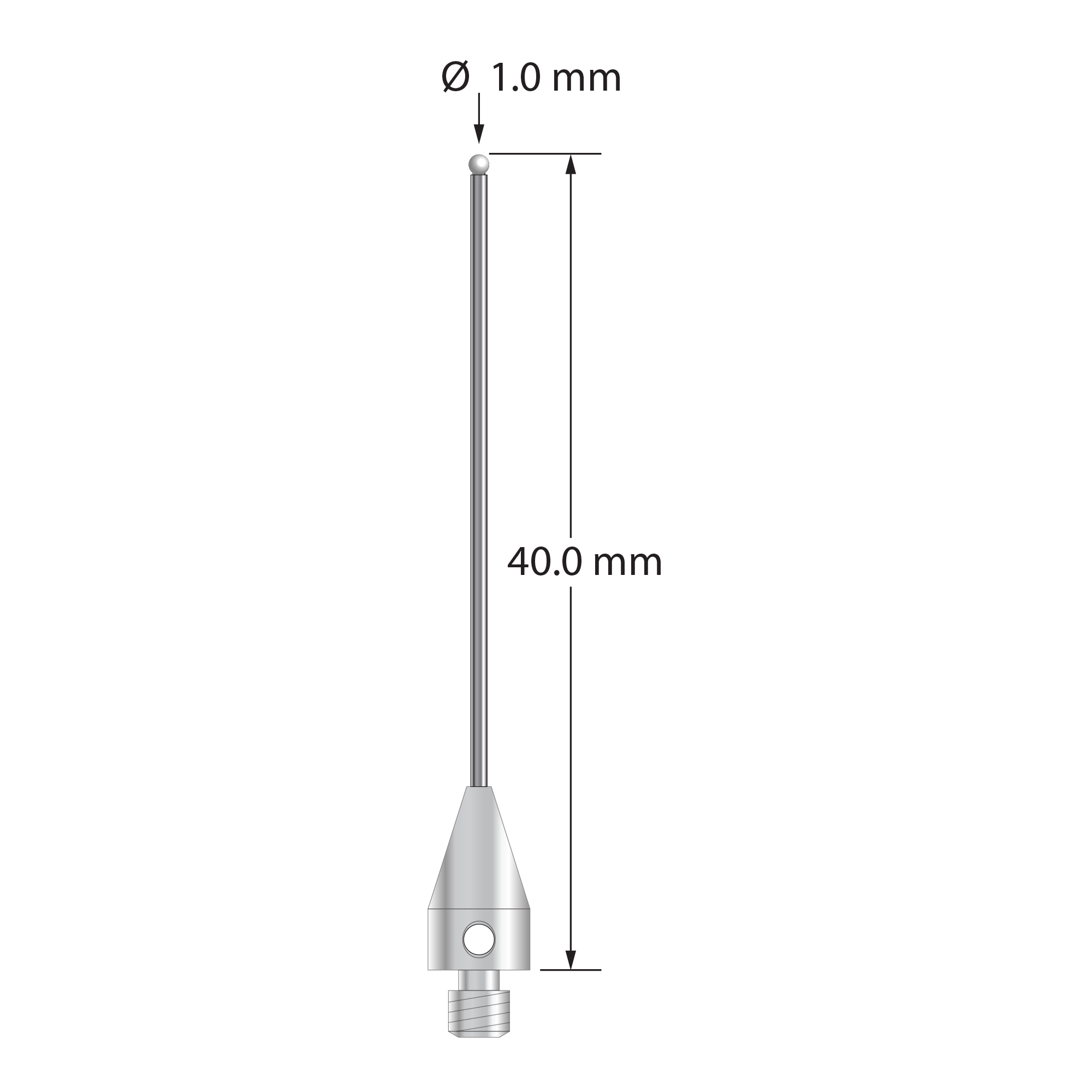 M3 stylus with 1.0 mm diameter zirconia ball, 0.8 mm diameter carbide stem, and 5.0 mm diameter x 9.0 mm long titanium base. Overall stylus length is 40.0 mm. Stylus weight is 0.88 gram.