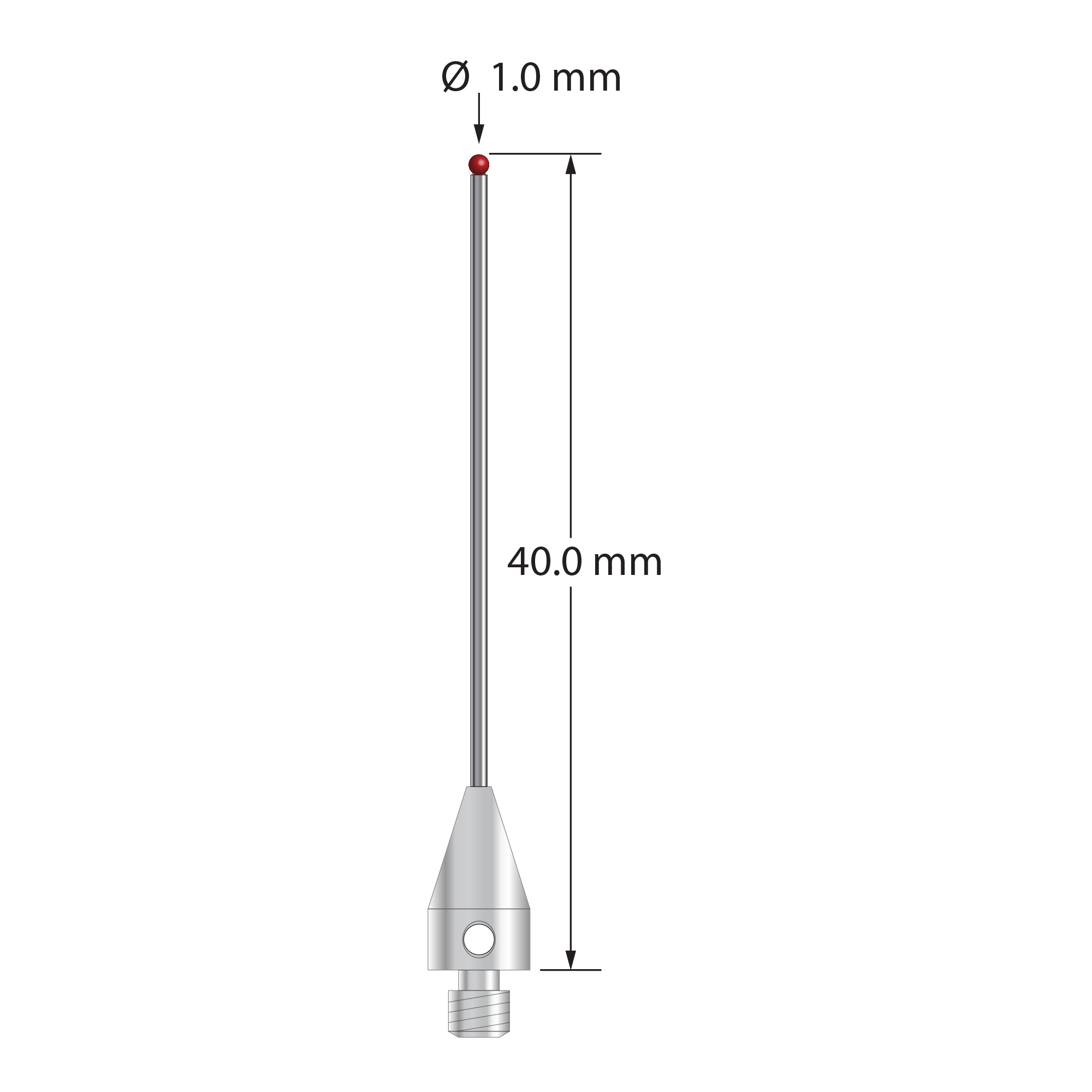 M3 XXT stylus with 1.0 mm diameter ruby ball, 0.8 mm diameter carbide stem, and 5.0 mm diameter x 9.0 mm long titanium base. Overall stylus length is 40.0 mm. Stylus weight is 0.88 gram. Compare to Zeiss 626113-0101-040.