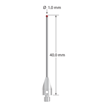 M3 XXT stylus with 1.0 mm diameter ruby ball, 0.8 mm diameter carbide stem, and 5.0 mm diameter x 9.0 mm long titanium base. Overall stylus length is 40.0 mm. Stylus weight is 0.88 gram. Compare to Zeiss 626113-0101-040.
