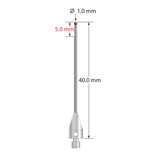 M3 XXT stylus with 1.0 mm diameter ruby ball, stepped carbide stem, and 5.0 mm diameter x 9.0 mm long titanium base. Minor stem diameter is 0.8 mm; major diameter is 1.0 mm. Overall stylus length is 40.0 mm. Stylus weight is 0.89 gram. Compare to Zeiss 626113-0100-040.