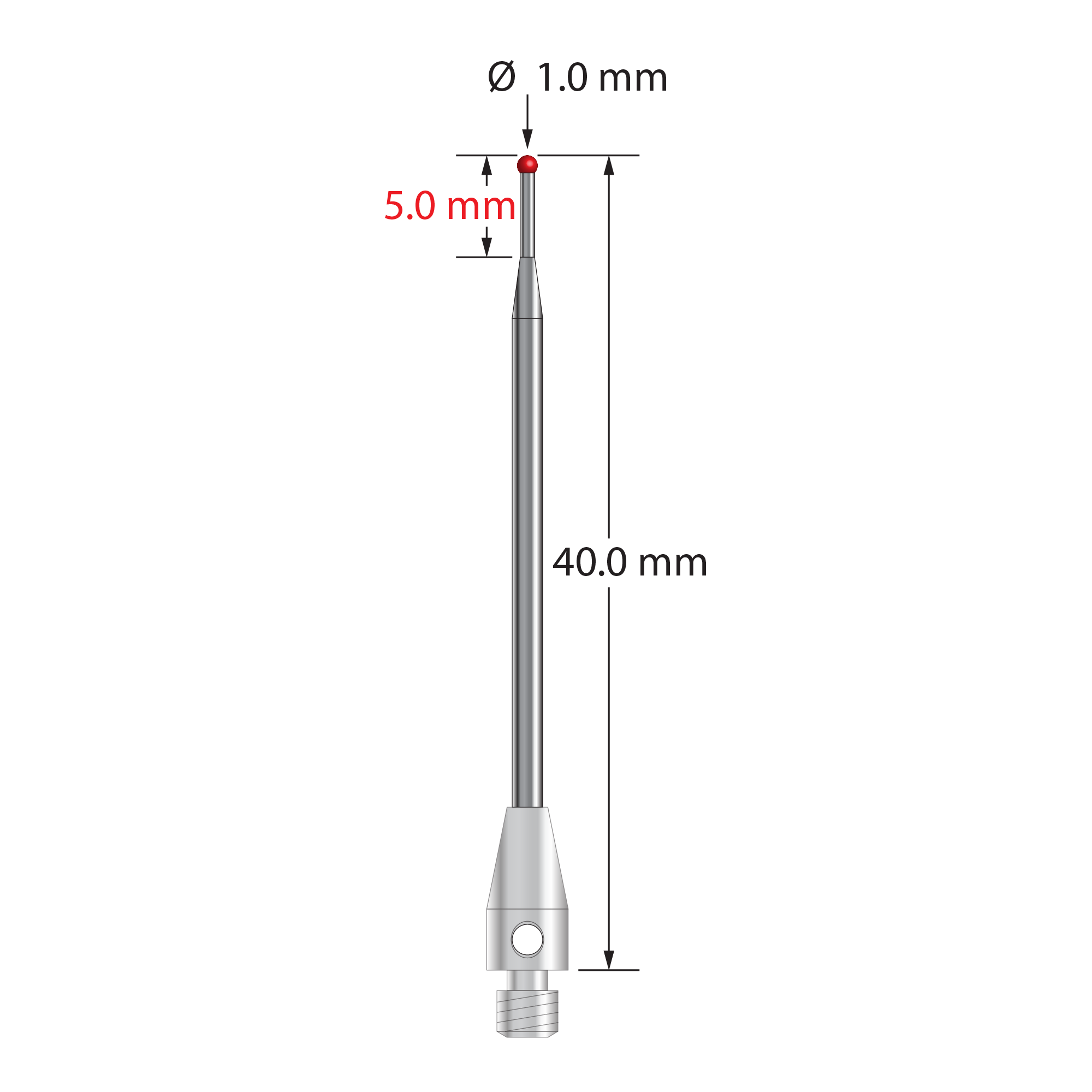 M3 stylus with 1.0 mm diameter ruby ball, tapered carbide stem, and 4.0 mm diameter x 7.0 mm long stainless steel base. Minor stem diameter is 0.7 mm; major diameter is 1.5 mm. Overall length is 40.0 mm. Stylus weight is 0.98 gram.