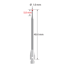 M3 stylus with 1.0 mm diameter ruby ball, tapered carbide stem, and 4.0 mm diameter x 7.0 mm long stainless steel base. Minor stem diameter is 0.7 mm; major diameter is 1.5 mm. Overall length is 40.0 mm. Stylus weight is 0.98 gram.