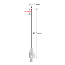 M3 XXT stylus with 1.0 mm diameter ruby ball, stepped carbide stem, and 5.0 mm diameter x 9.0 mm long titanium base. Minor stem diameter is 0.8 mm; major diameter is 1.0 mm. Overall stylus length is 43.0 mm. Stylus weight is 0.93 gram. Compare to Zeiss 626103-0044-043.