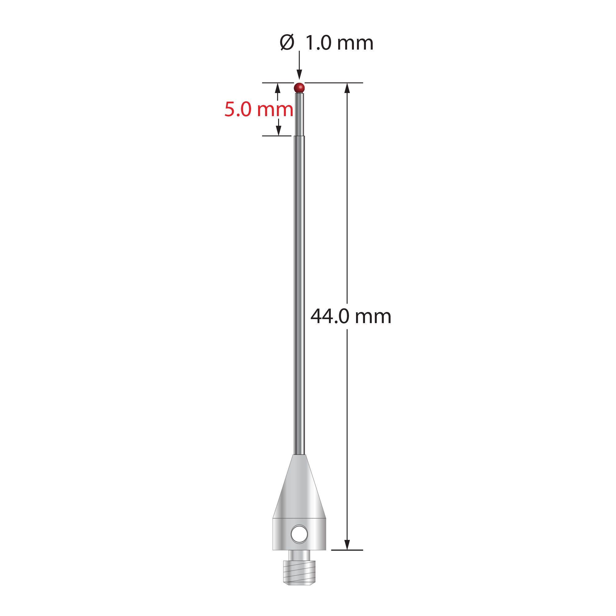 M3 XXT stylus with 1.0 mm diameter ruby ball, stepped carbide stem, and 5.0 mm diameter x 9.0 mm long titanium base. Minor stem diameter is 0.8 mm; major diameter is 1.0 mm. Overall stylus length is 44.0 mm. Stylus weight is 0.94 gram. Compare to Zeiss 626103-0044-044.
