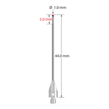 M3 XXT stylus with 1.0 mm diameter ruby ball, stepped carbide stem, and 5.0 mm diameter x 9.0 mm long titanium base. Minor stem diameter is 0.8 mm; major diameter is 1.0 mm. Overall stylus length is 44.0 mm. Stylus weight is 0.94 gram. Compare to Zeiss 626103-0044-044.