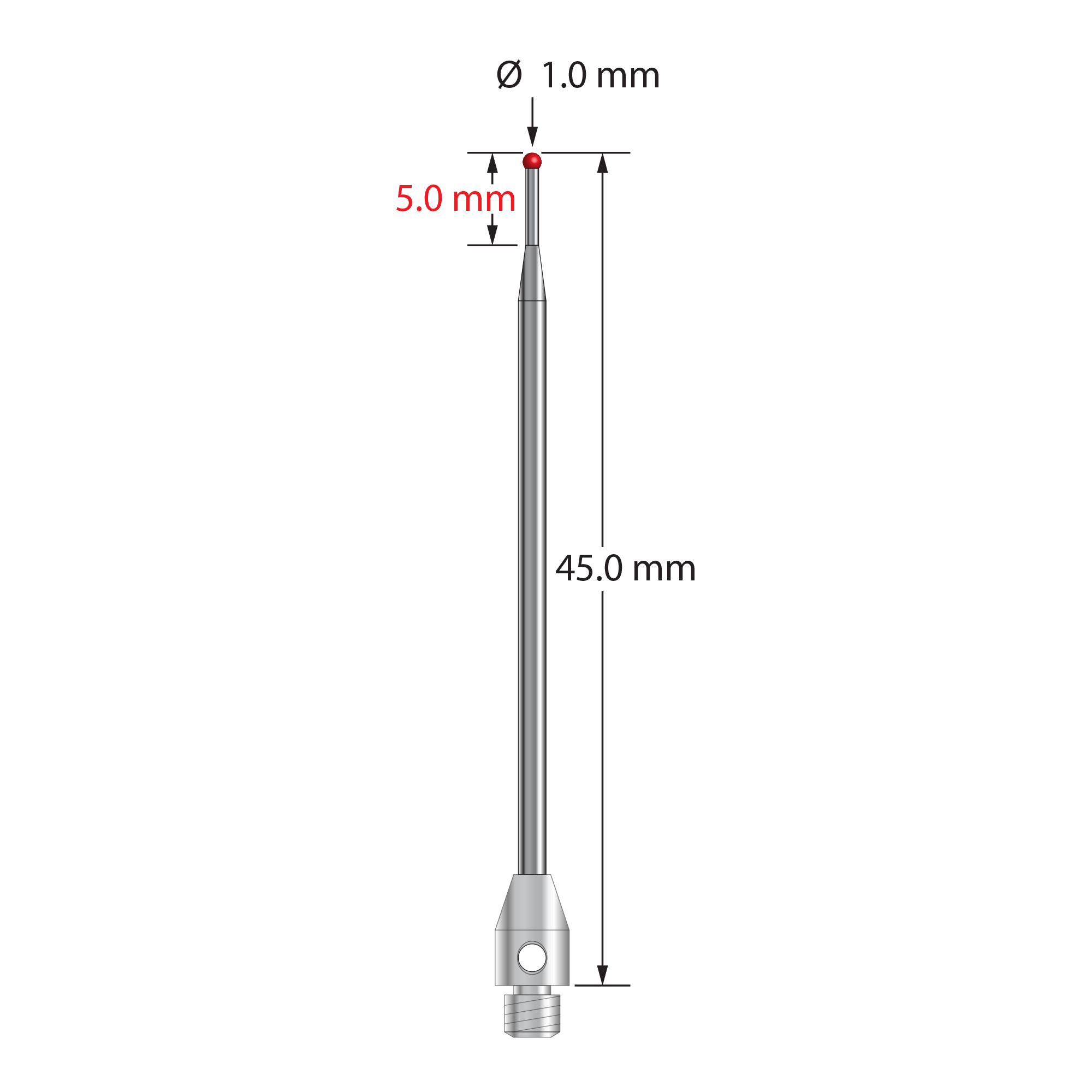 TM3-1045-06 M3 stylus with 1.0mm ruby ball, tapered carbide stem, stainless steel base by Q-Mark Manufacturing, Inc.