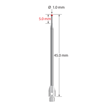 M3 stylus with 1.0 mm diameter ruby ball, tapered carbide stem, and 4.0 mm diameter x 6.0 mm long stainless steel base. Minor stem diameter is 0.7 mm; major diameter is 1.5 mm. Overall length is 40.0 mm. Stylus weight is 1.10 grams. Compare to Zeiss 626123-0044-045.