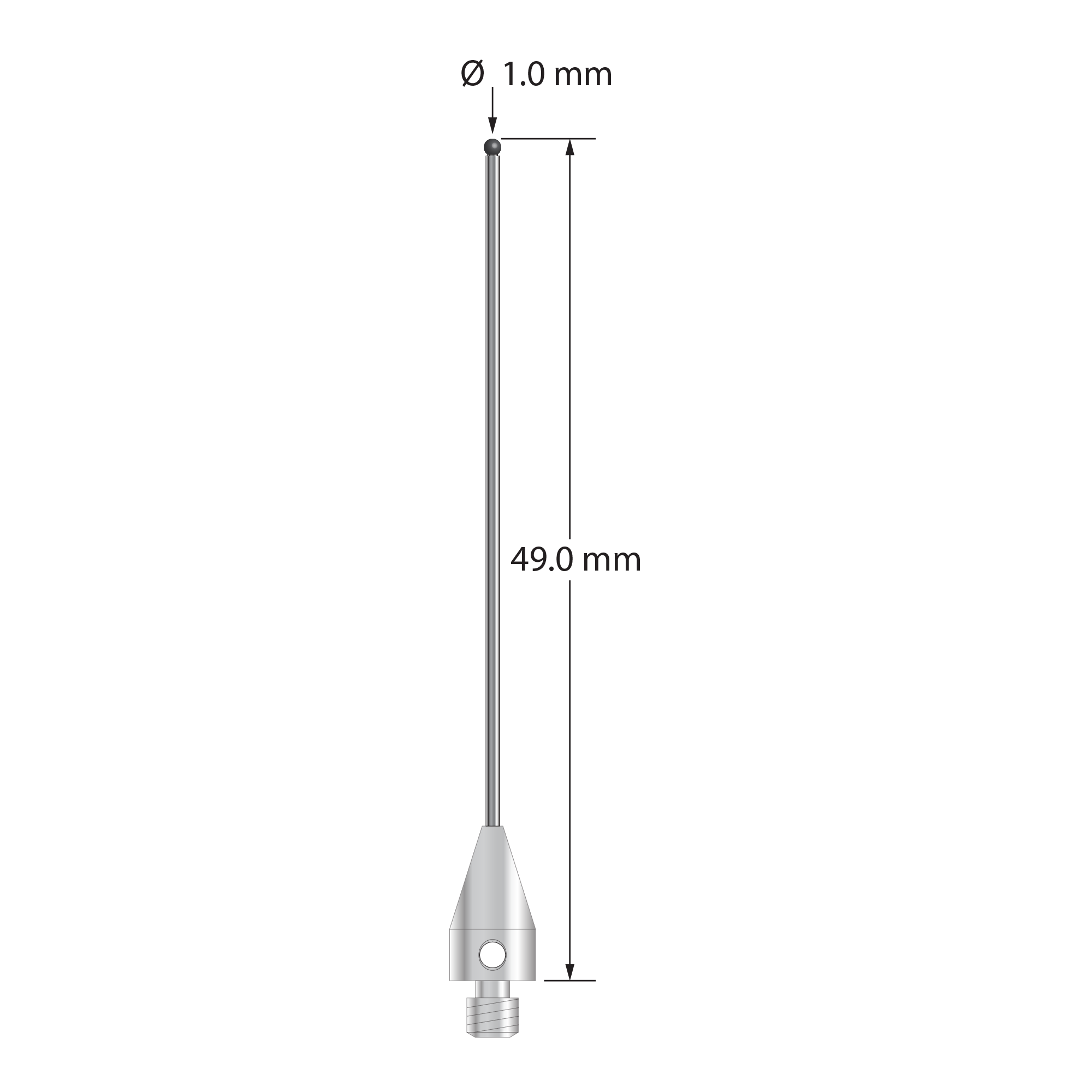 M3 XXT stylus with 1.0 mm diameter silicon nitride ball, 0.8 mm diameter carbide stem, and 5.0 mm diameter x 9.0 mm long titanium base. Overall stylus length is 49.0 mm. Stylus weight is 0.97 gram. Compare to Zeiss 626113-0101-049.