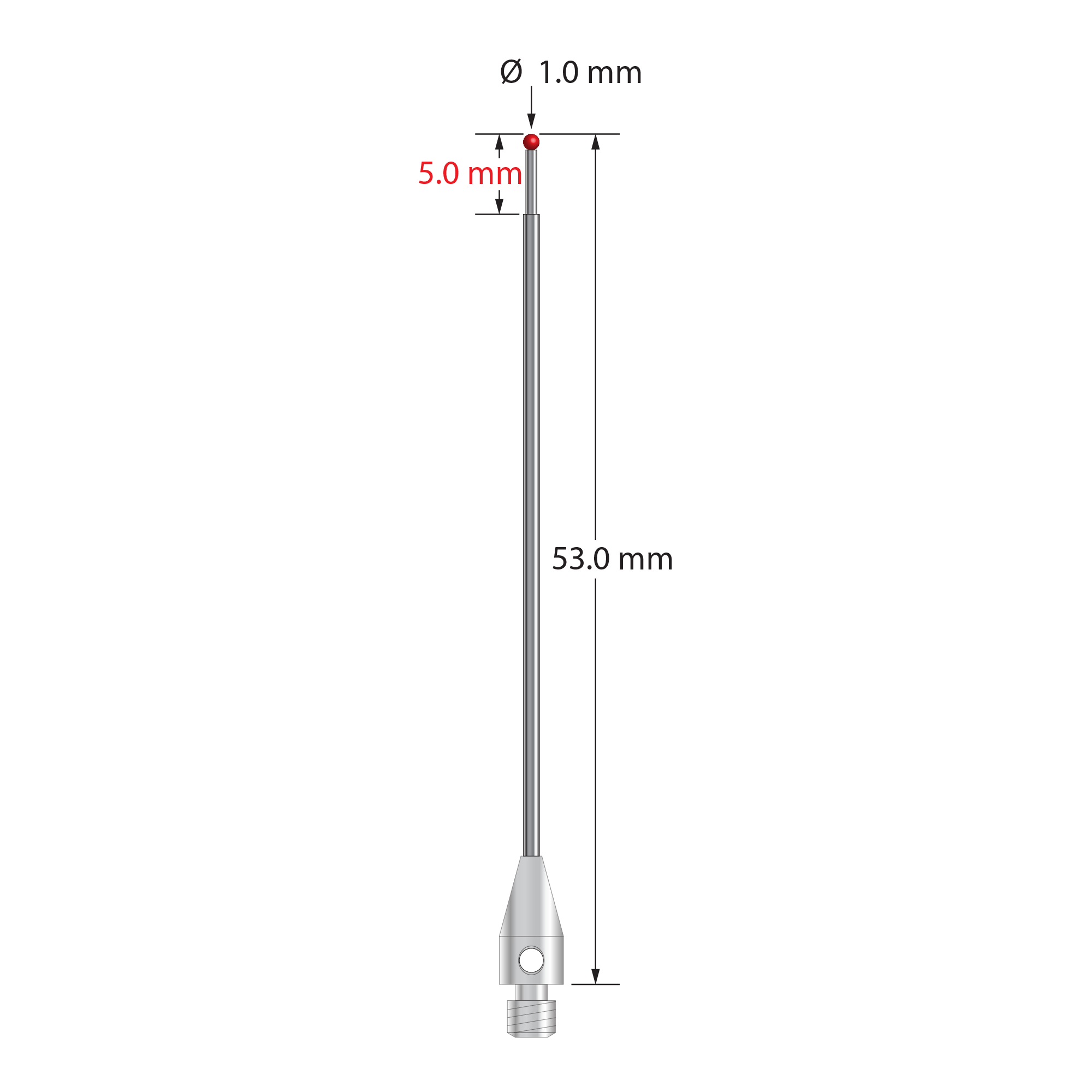 M3 stylus with 1.0 mm diameter ruby ball, stepped carbide stem, and 4.0 mm diameter x 9.0 mm long stainless steel base. Major stem diameter is 1.0 mm; minor diameter is 0.8 mm. Overall stylus length is 53.0 mm. Stylus weight is 1.12 grams. Compare to Zeiss 626113-0100-053.