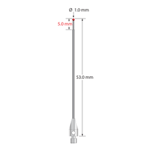 M3 stylus with 1.0 mm diameter ruby ball, stepped carbide stem, and 4.0 mm diameter x 9.0 mm long stainless steel base. Major stem diameter is 1.0 mm; minor diameter is 0.8 mm. Overall stylus length is 53.0 mm. Stylus weight is 1.12 grams. Compare to Zeiss 626113-0100-053.