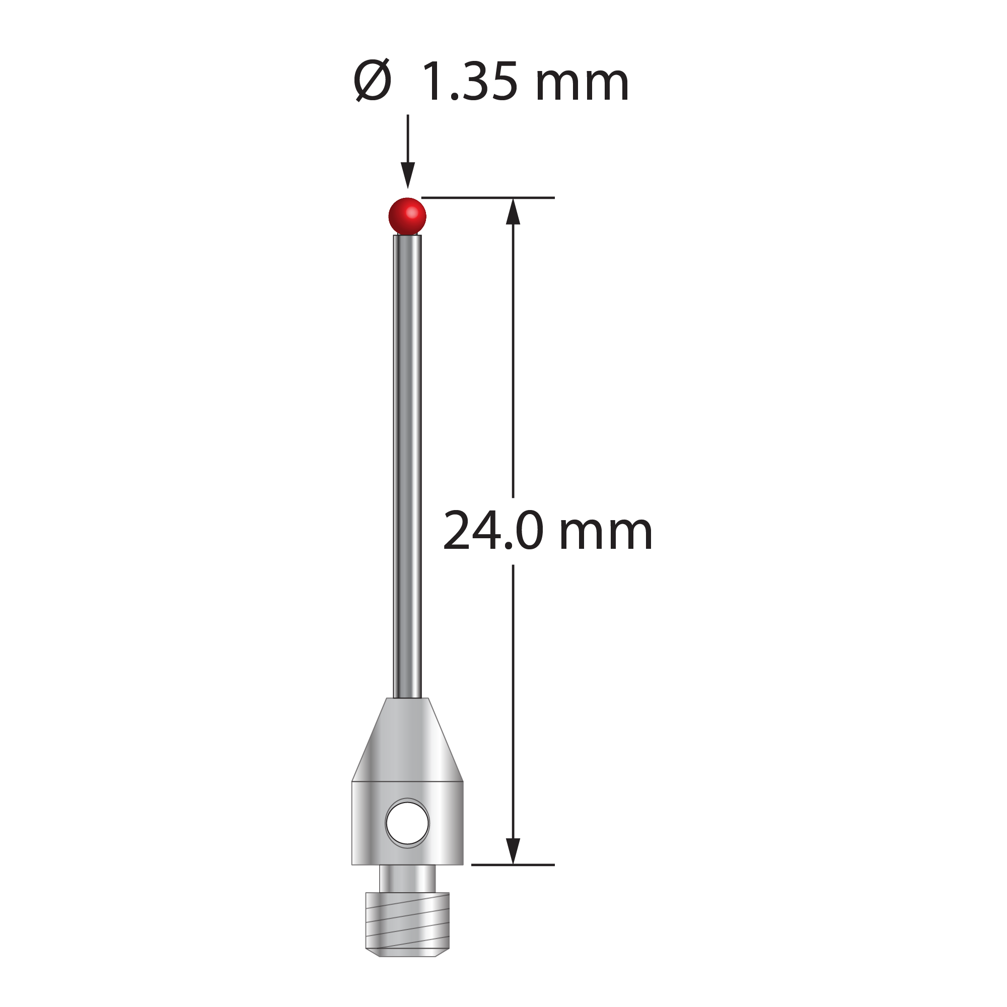 M3 stylus with 1.35 mm diameter ruby ball, 1.0 mm diameter carbide stem, and 4.0 mm diameter x 6.0 mm long stainless steel base. Overall stylus length is 24.0 mm. Stylus weight is 1.00 gram. Compare to Zeiss 626123-5744-024.