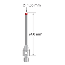 M3 stylus with 1.35 mm diameter ruby ball, 1.0 mm diameter carbide stem, and 4.0 mm diameter x 6.0 mm long stainless steel base. Overall stylus length is 24.0 mm. Stylus weight is 1.00 gram. Compare to Zeiss 626123-5744-024.