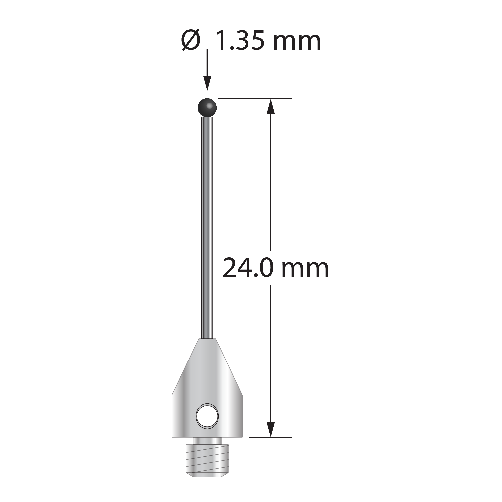 M3 XXT stylus with 1.35 mm diameter ruby ball, 1.0 mm diameter carbide stem, and 5.0 mm diameter x 7.0 mm long titanium base. Overall stylus length is 24.0 mm. Stylus weight is 0.70 gram.
