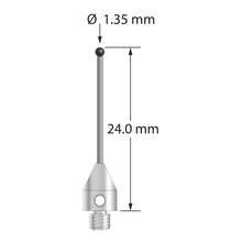 M3 XXT stylus with 1.35 mm diameter ruby ball, 1.0 mm diameter carbide stem, and 5.0 mm diameter x 7.0 mm long titanium base. Overall stylus length is 24.0 mm. Stylus weight is 0.70 gram.