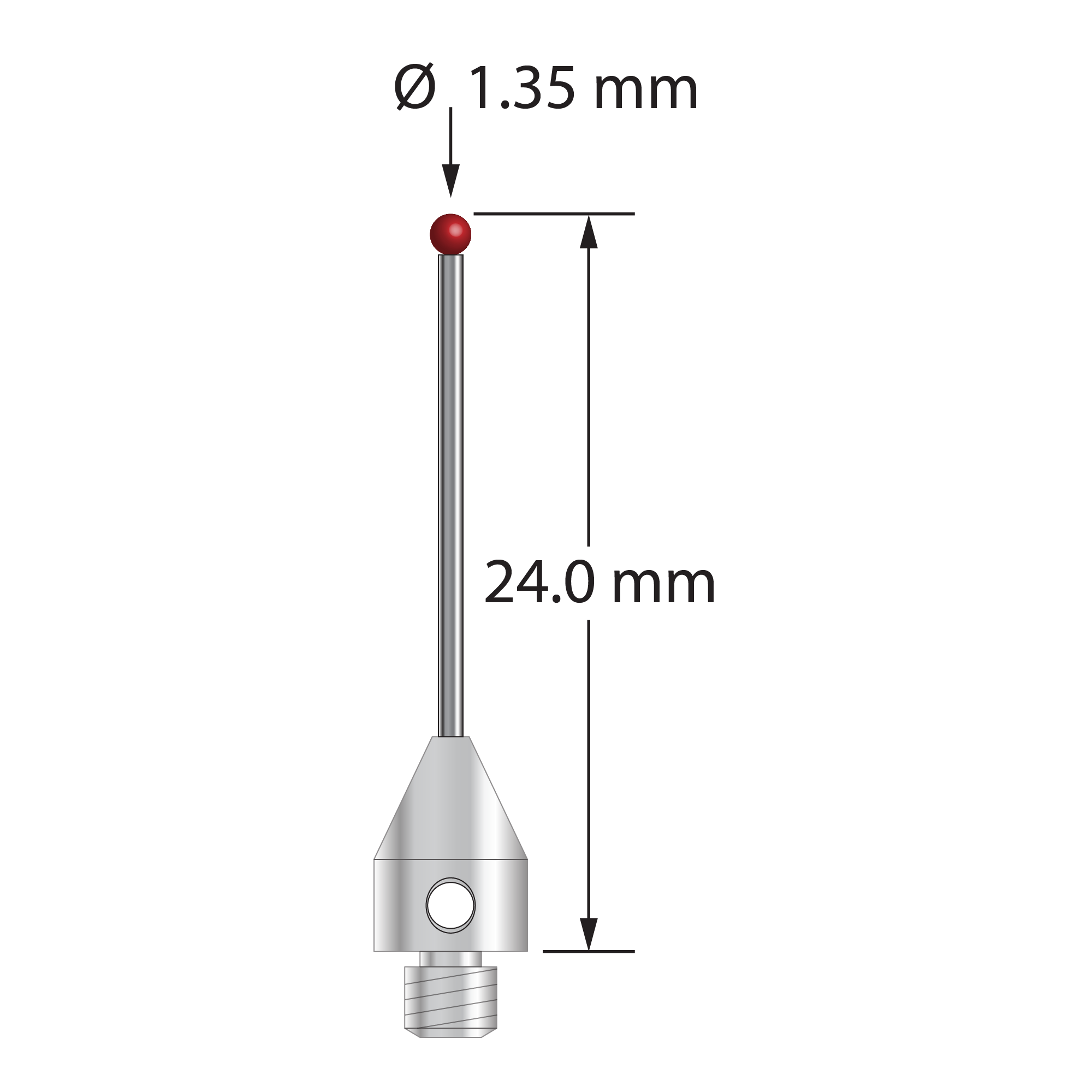 M3 XXT stylus with 1.35 mm diameter ruby ball, 1.0 mm diameter carbide stem, and 5.0 mm diameter x 7.0 mm long titanium base. Overall stylus length is 24.0 mm. Stylus weight is 0.70 gram. Compare to Zeiss 626113-0141-024.