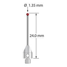 M3 XXT stylus with 1.35 mm diameter ruby ball, 1.0 mm diameter carbide stem, and 5.0 mm diameter x 7.0 mm long titanium base. Overall stylus length is 24.0 mm. Stylus weight is 0.70 gram. Compare to Zeiss 626113-0141-024.