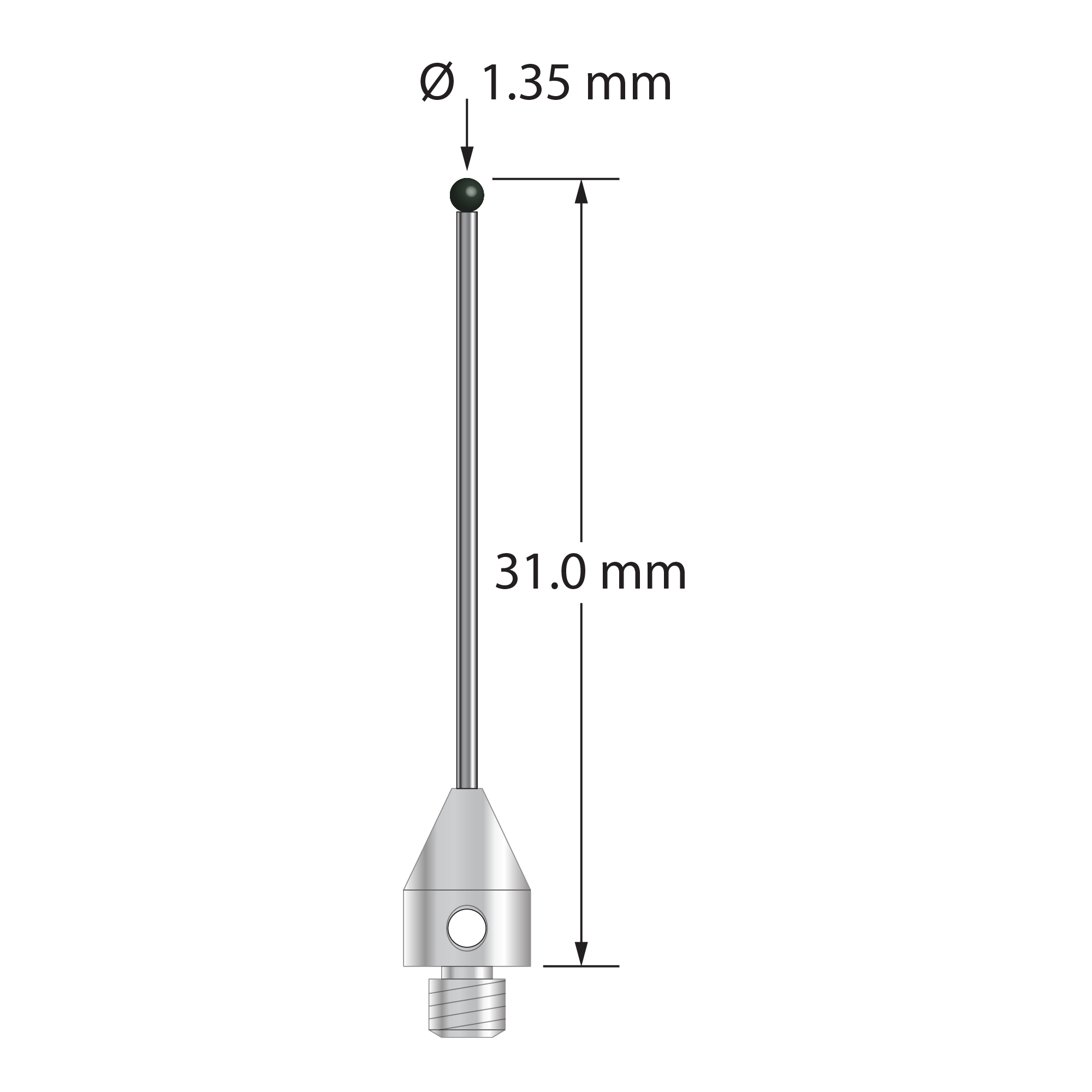 M3 XXT stylus with 1.35 mm diameter silicon nitride ball, 1.0 mm diameter carbide stem, and 5.0 mm diameter x 7.0 mm long titanium base. Overall stylus length is 31.0 mm. Stylus weight is 0.78 gram.