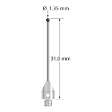 M3 XXT stylus with 1.35 mm diameter silicon nitride ball, 1.0 mm diameter carbide stem, and 5.0 mm diameter x 7.0 mm long titanium base. Overall stylus length is 31.0 mm. Stylus weight is 0.78 gram.