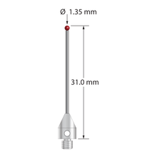 M3 XXT stylus with 1.35 mm diameter ruby ball, 1.0 mm diameter carbide stem, and 5.0 mm diameter x 7.0 mm long titanium base. Overall stylus length is 31.0 mm. Stylus weight is 0.78 gram.
