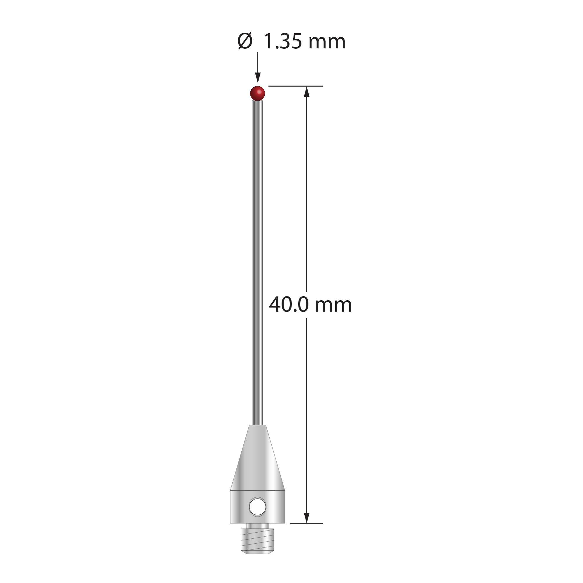 M3 XXT stylus with 1.35 mm diameter ruby ball, 1.0 mm diameter carbide stem, and 5.0 mm diameter x 9.0 mm long titanium base. Overall stylus length is 40.0 mm. Stylus weight is 0.87 gram. Compare to Zeiss 626103-5754-040.