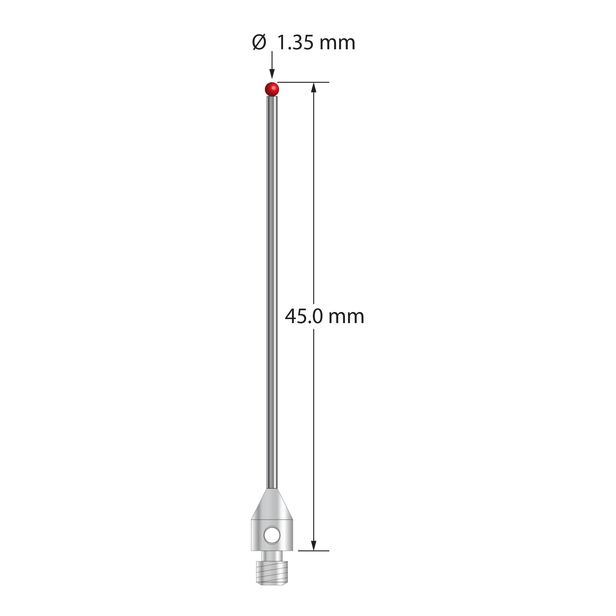 M3 stylus with 1.35 mm diameter ruby ball, 1.0 mm diameter carbide stem, and 4.0 mm diameter x 6.0 mm long stainless steel base. Overall stylus length is 45.0 mm. Stylus weight is 0.96 gram. Compare to Zeiss 626123-5744-045.