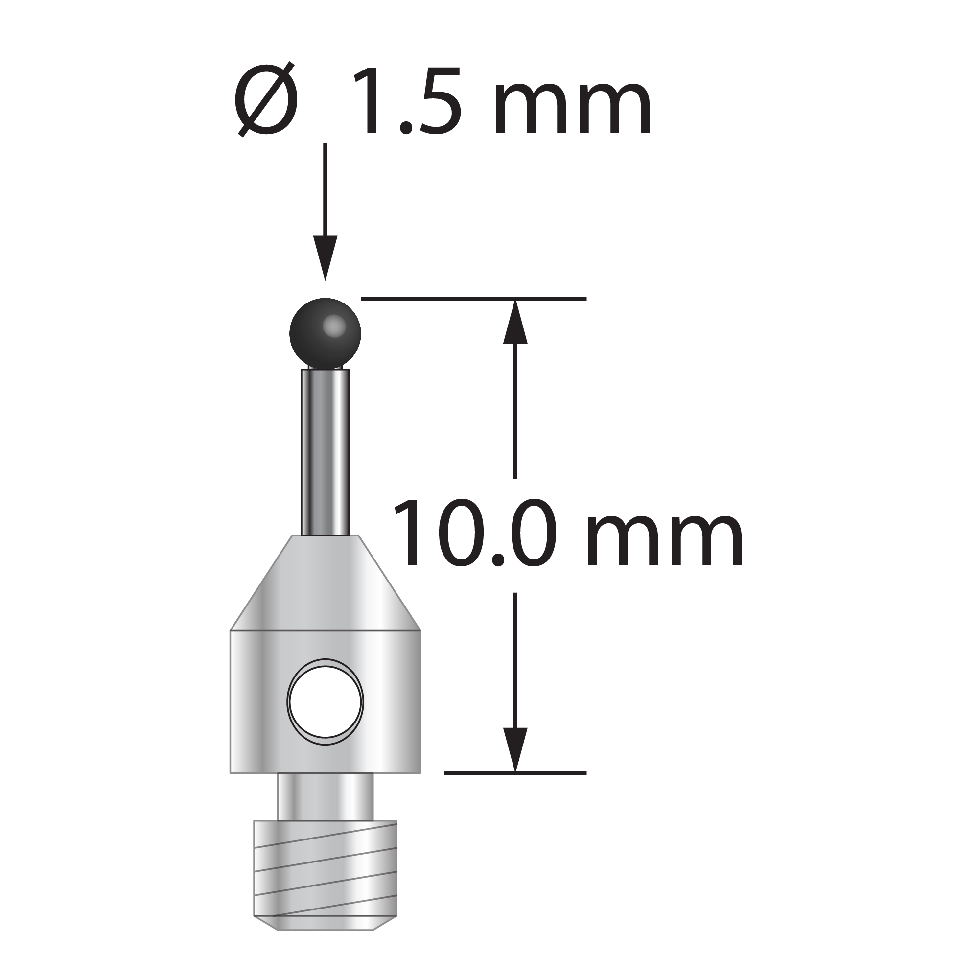 M3 stylus with 1.5 mm diameter silicon nitride ball, 1.0 mm diameter carbide stem, and 4.0 mm diameter x 5.0 mm long stainless steel base. Overall stylus length is 10.0 mm. Stylus weight is 0.52 gram.