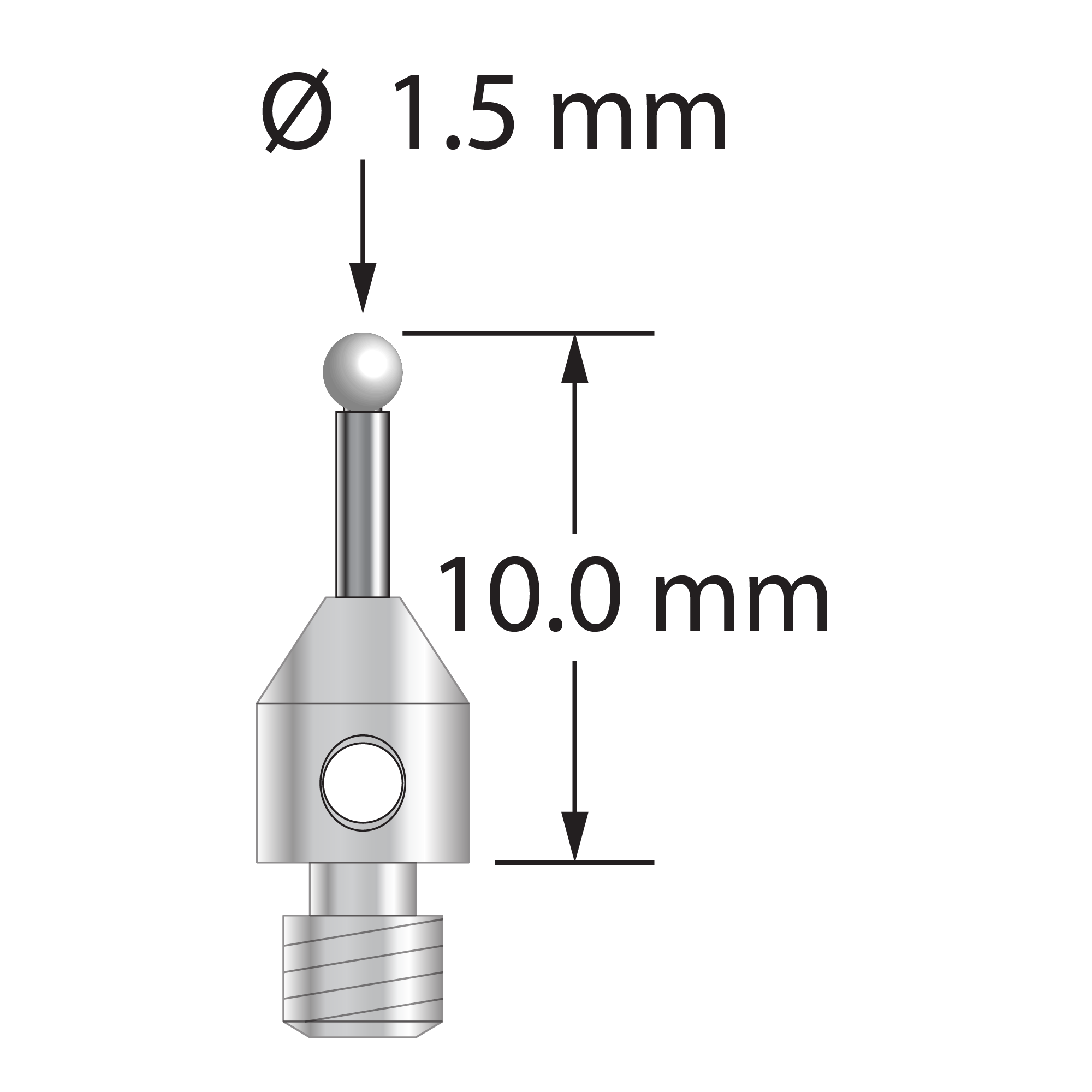 M3 stylus with 1.5 mm diameter zirconia ball, 1.0 mm diameter carbide stem, and 4.0 mm diameter x 5.0 mm long stainless steel base. Overall stylus length is 10.0 mm. Stylus weight is 0.52 gram.