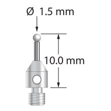 M3 stylus with 1.5 mm diameter zirconia ball, 1.0 mm diameter carbide stem, and 4.0 mm diameter x 5.0 mm long stainless steel base. Overall stylus length is 10.0 mm. Stylus weight is 0.52 gram.