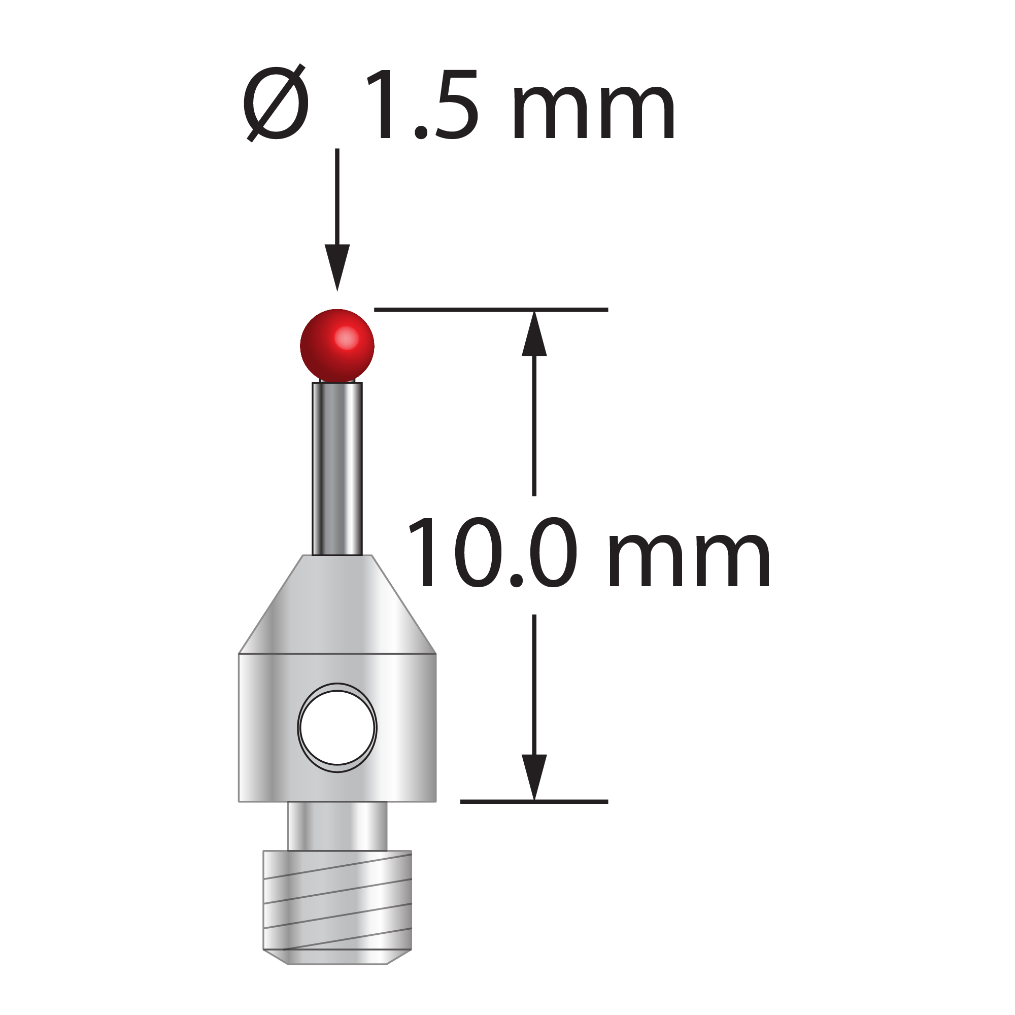M3 stylus with 1.5 mm diameter ruby ball, 1.0 mm diameter carbide stem, and 4.0 mm diameter x 5.0 mm long stainless steel base. Overall stylus length is 10.0 mm. Stylus weight is 0.52 gram.
