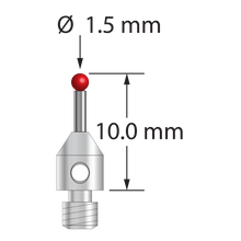 M3 stylus with 1.5 mm diameter ruby ball, 1.0 mm diameter carbide stem, and 4.0 mm diameter x 5.0 mm long stainless steel base. Overall stylus length is 10.0 mm. Stylus weight is 0.52 gram.