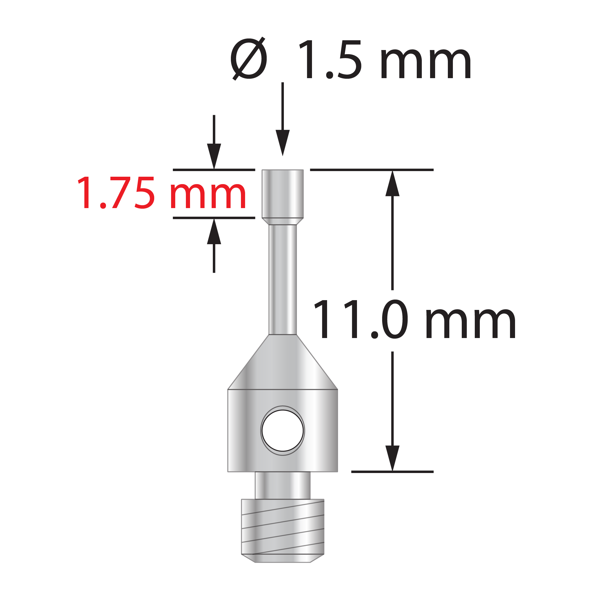 M3 cylinder stylus with 1.5 mm diameter x 1.75 mm long stainless steel cylinder and stainless steel stem and base. Overall length is 11.0 mm. Stylus weight is 0.46 gram. Compare to Renishaw A-5004-0254, Zeiss 602030-8097-000, and Mitutoyo K651153.