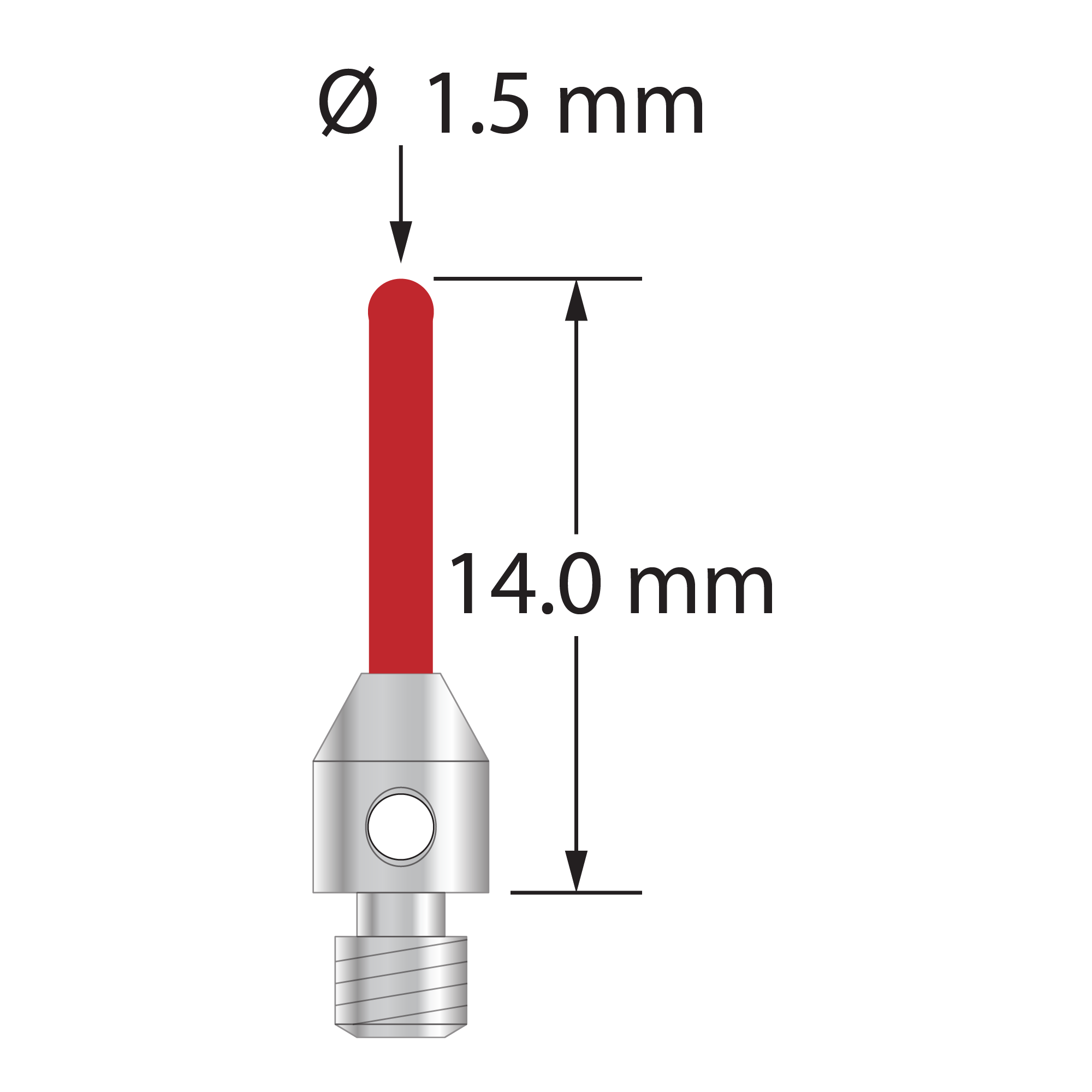 M3 cylinder stylus with 1.5 mm diameter ruby cylinder and 4.0 mm diameter x 5.0 mm long stainless steel base. Overall stylus length is 14.0 mm. Stylus weight is 0.49 gram.